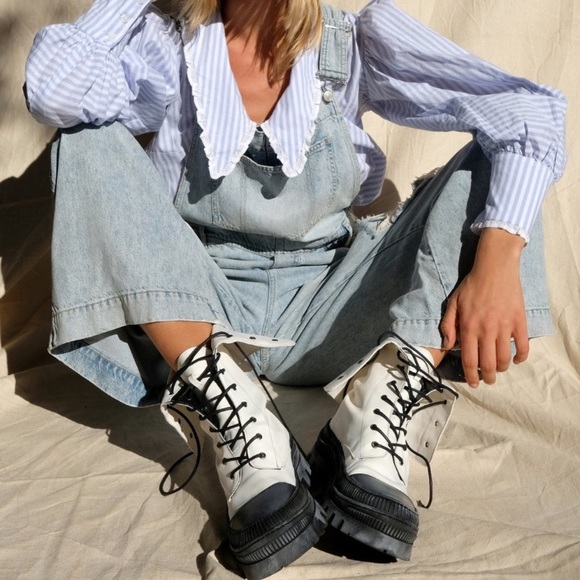 Free People Goldie Lug Sole Lace Up Combat Boots Black/White Size 36/US 6 NWT - Picture 1 of 15